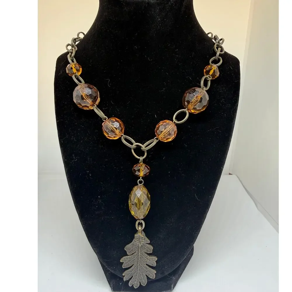 Oak Leaf Pendant Necklace Amber Faceted Beads Bronze Tone Boho Fall Statement